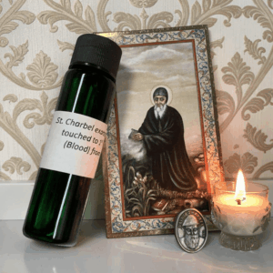 St. Charbel oil and card and medal
