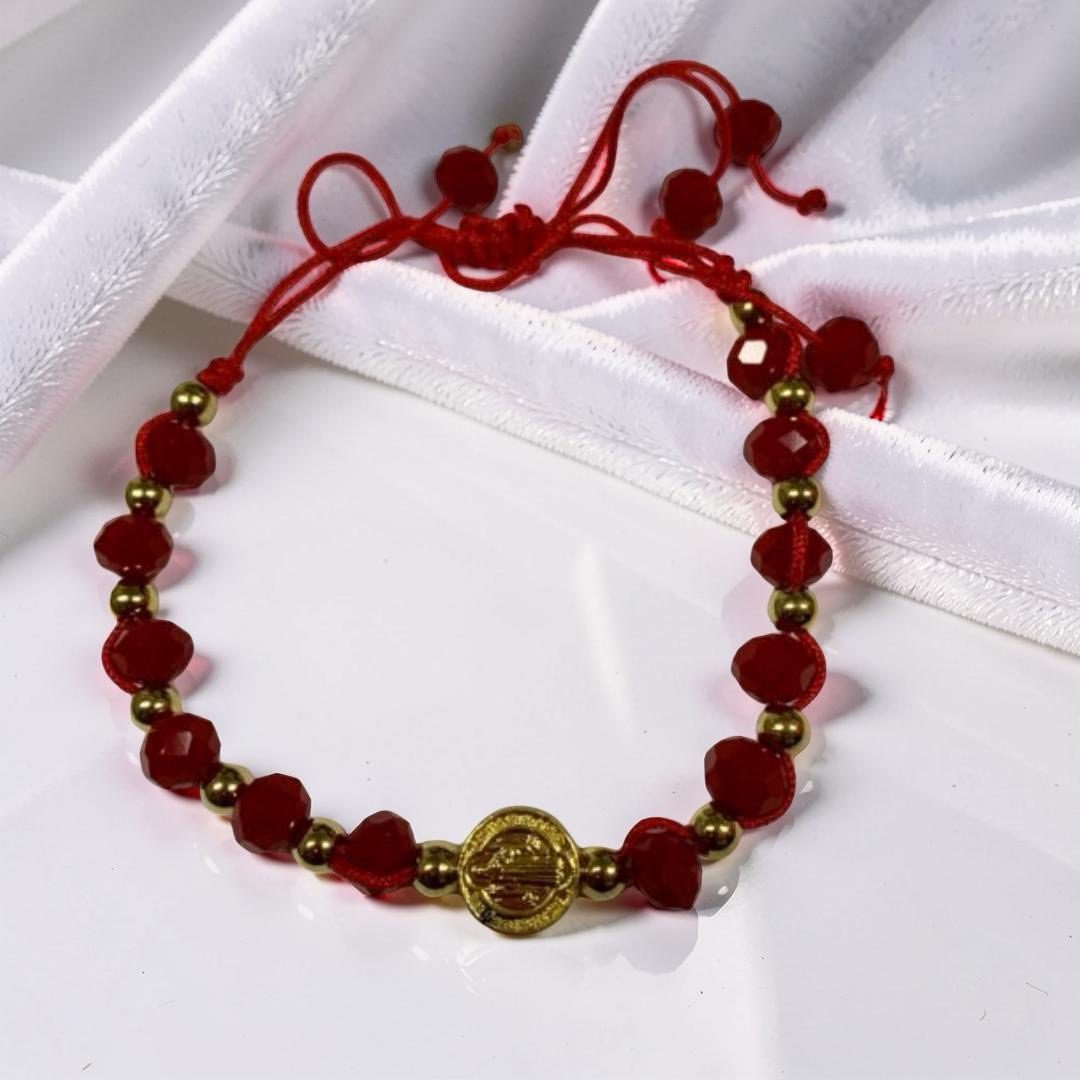 Bracelet with St. Benedict Medal and Red and Gold Beads
